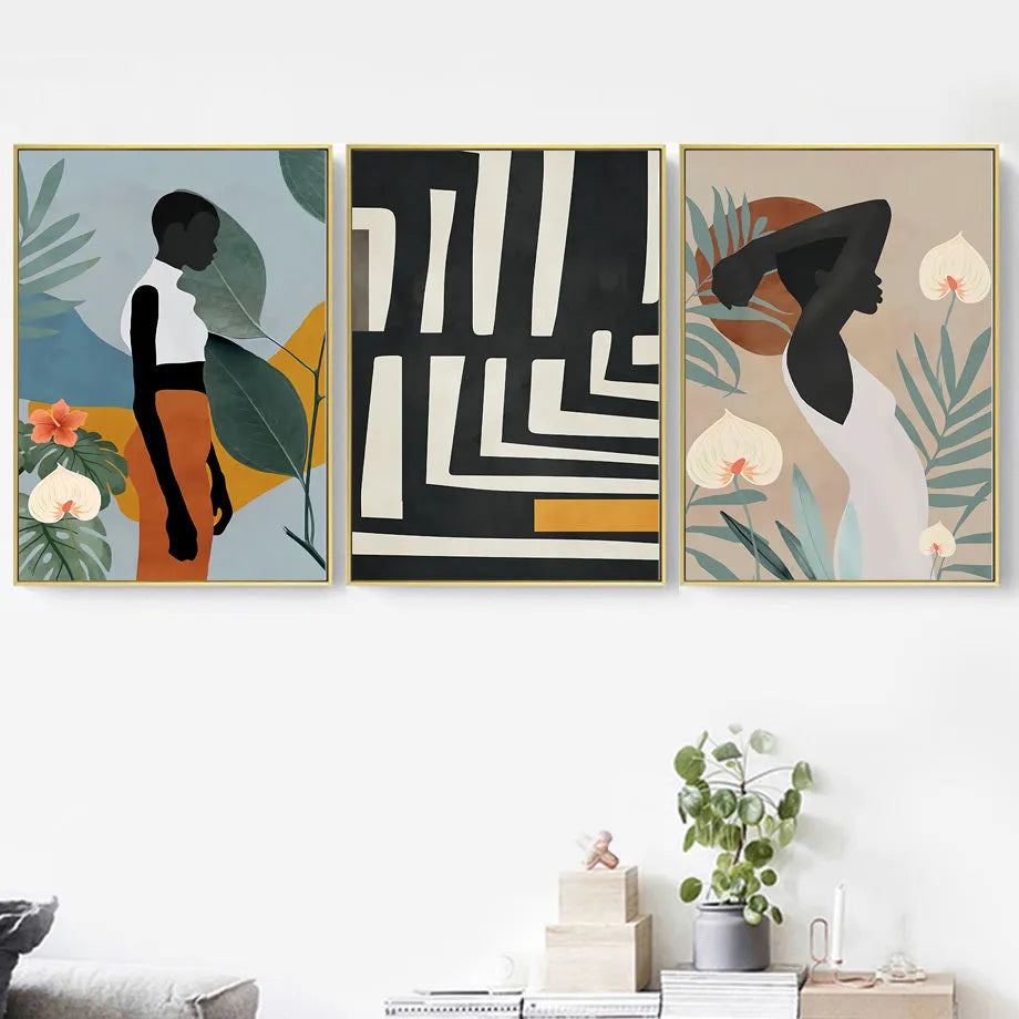Abstract African women flower leaf mural art canvas painting, spray print, frameless rectangle, multiple sizes available