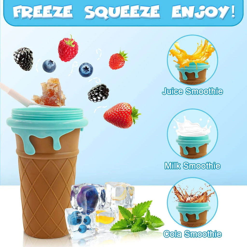 Blue 500ml silicone slushy maker cup with squeeze design for homemade smoothies