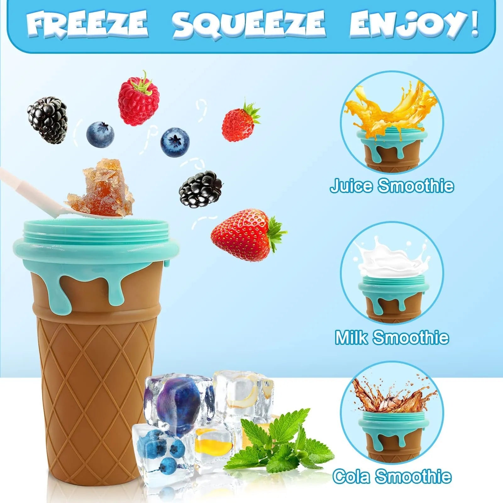 Blue 500ml silicone slushy maker cup with squeeze design for homemade smoothies