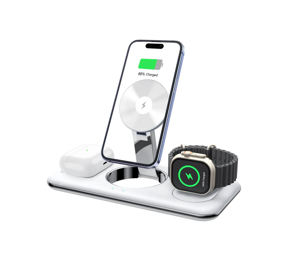 Folding magnetic wireless charger desktop bracket in white or black, 3-in-1, Type-C input, V18 universal