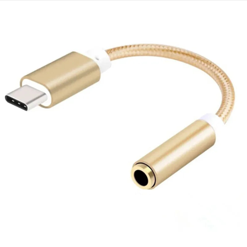 Type-C to 3.5mm female headphone adapter cable in black, silver, gold, and rose gold colours.