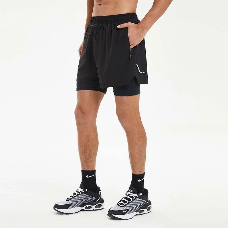 Men's black double-layer running shorts with a built-in liner for fitness training