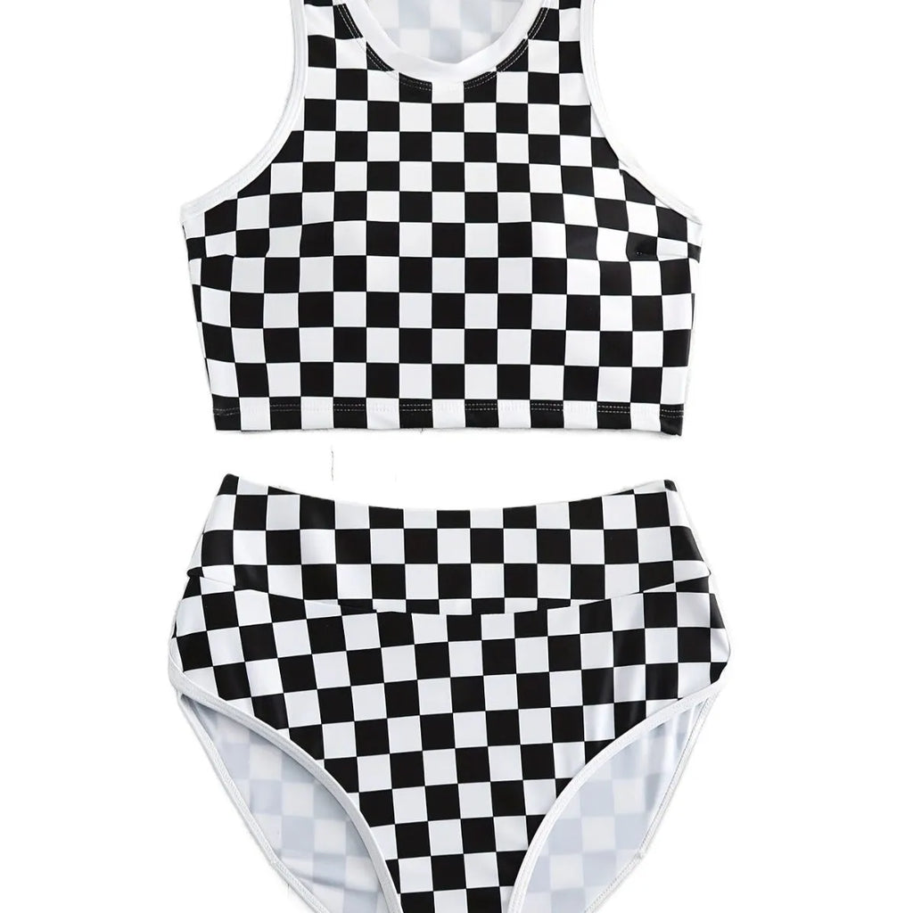 Women's backless racing one-piece swimsuit with suspenders in a black and white chessboard pattern.