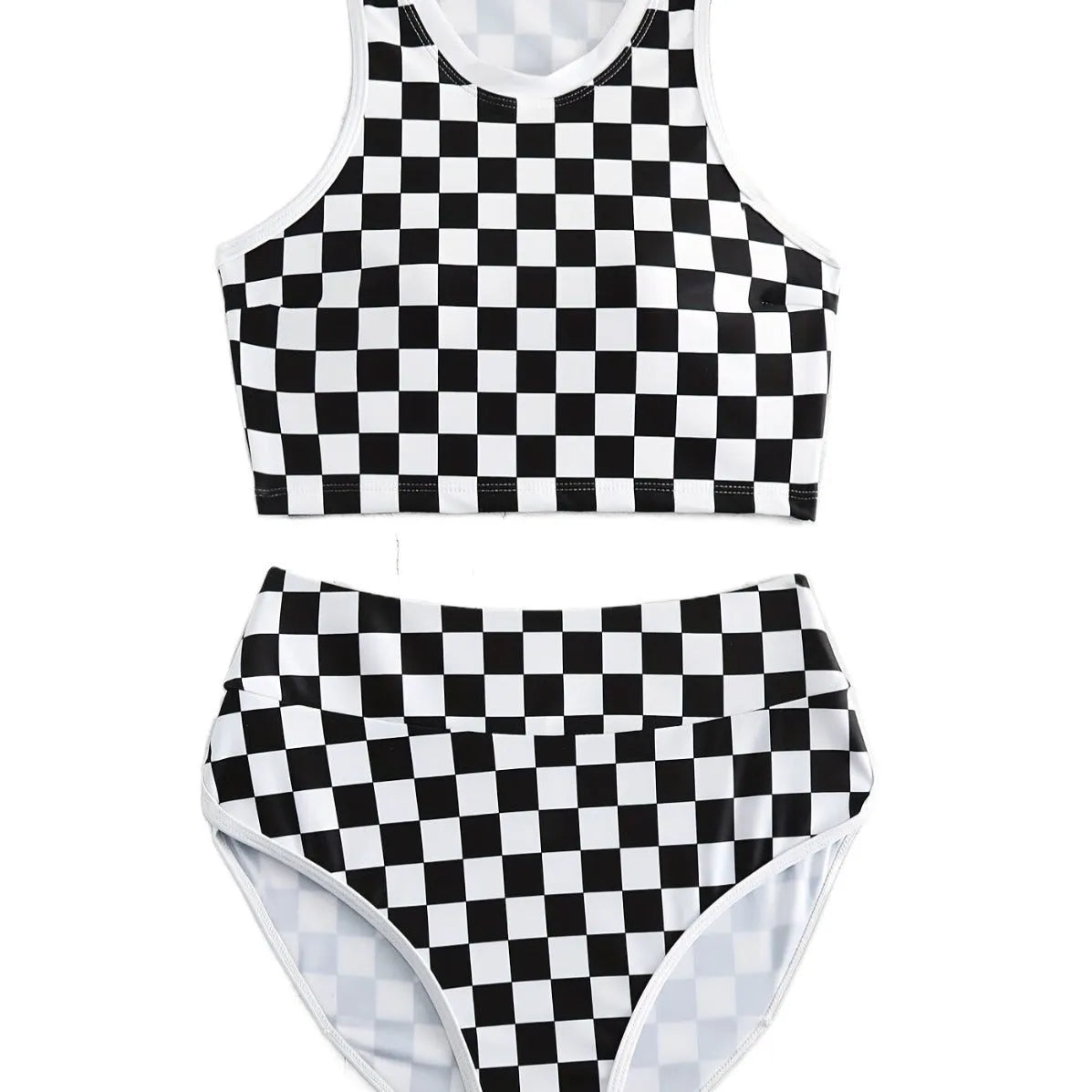 Women's backless racing one-piece swimsuit with suspenders in a black and white chessboard pattern.