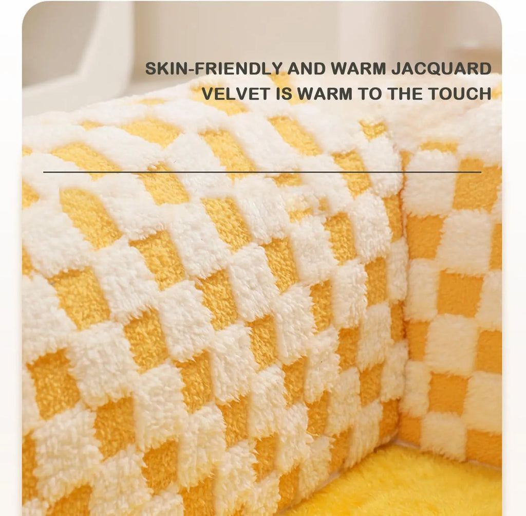 Soft plush fan-shaped 2-in-1 pet bed and tunnel for dogs and cats in plaid design.