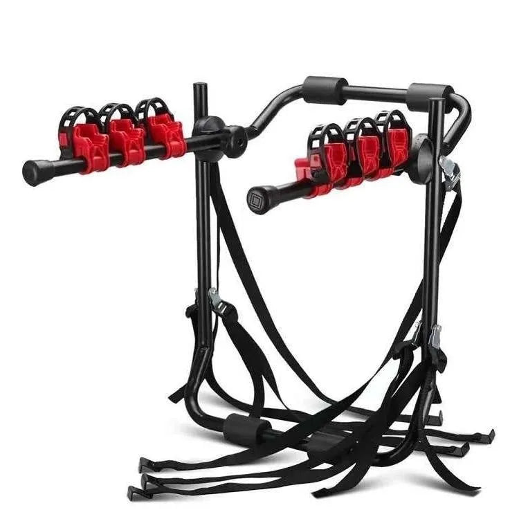 Black and red boot mounted bike holder rack with iron frame and sponge padding.
