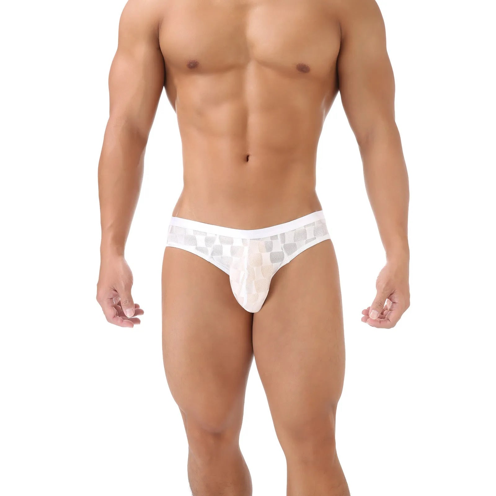 Men's black U-convex plaid mesh underpants showing breathable nylon lace fabric construction
