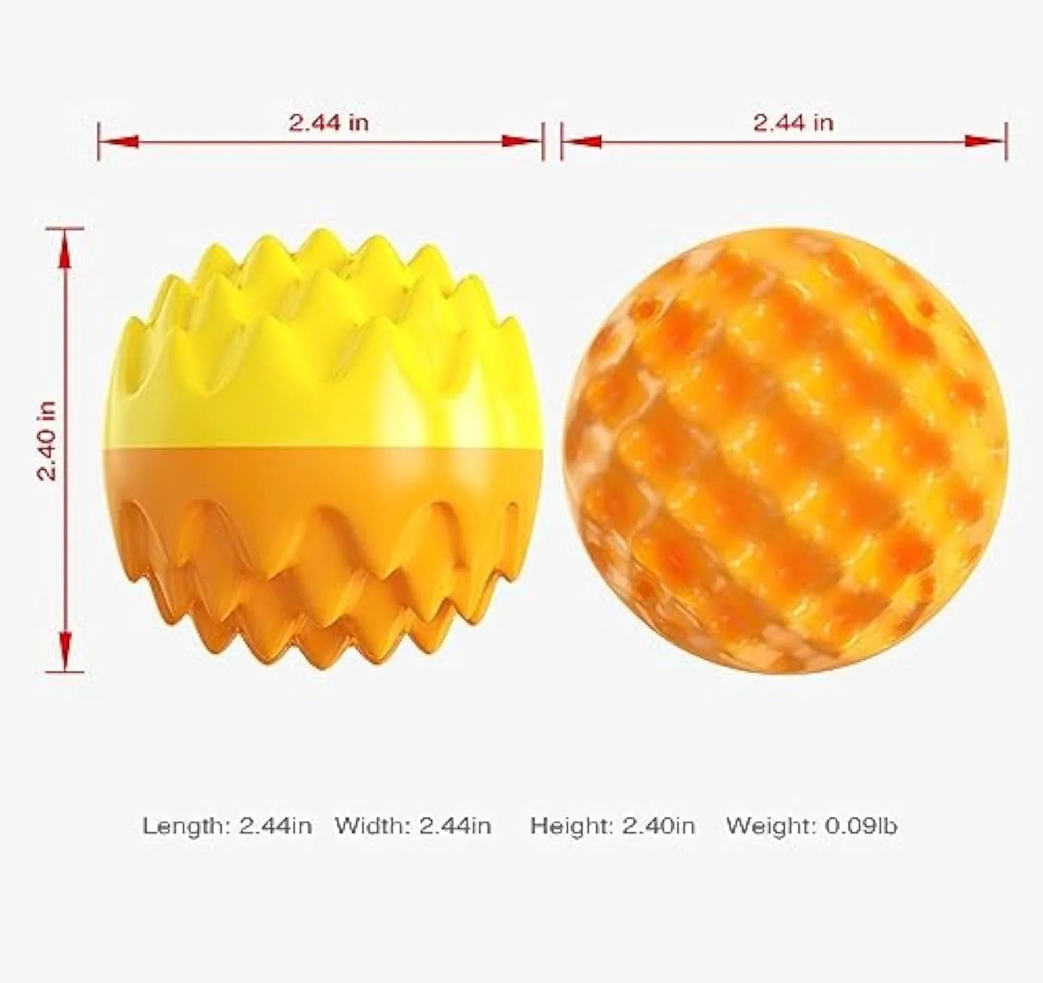 Blue or orange rubber dog ball with spiky surface for dental cleaning and squeaker inside