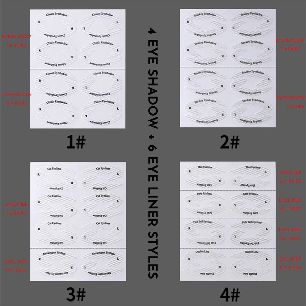 Set of four flexible reusable eyeliner and eyeshadow makeup stencil templates on a pink background