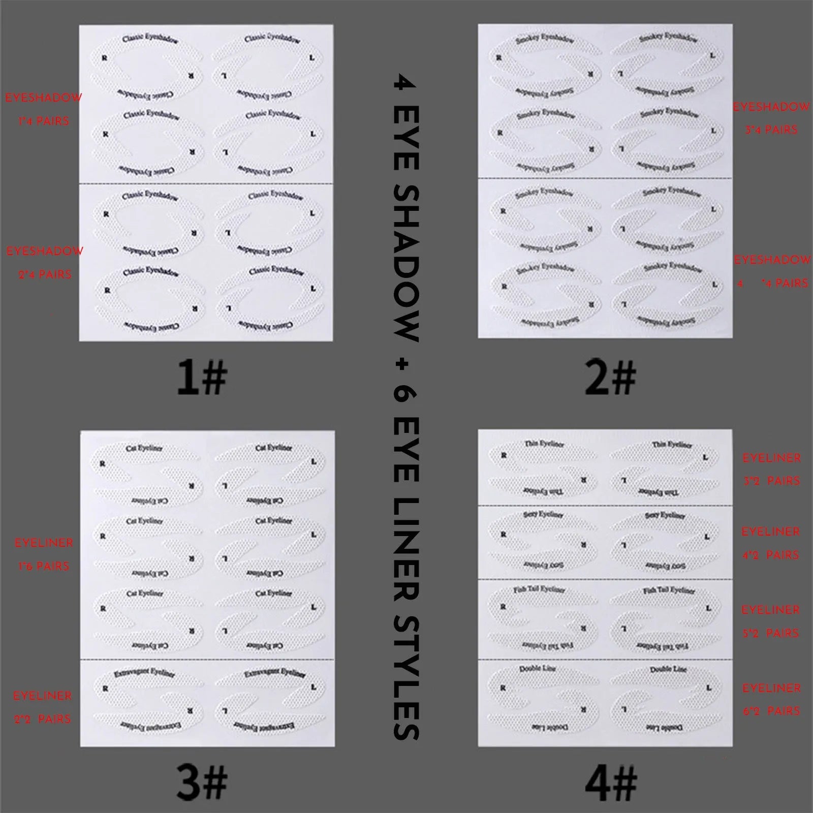Set of four flexible reusable eyeliner and eyeshadow makeup stencil templates on a pink background