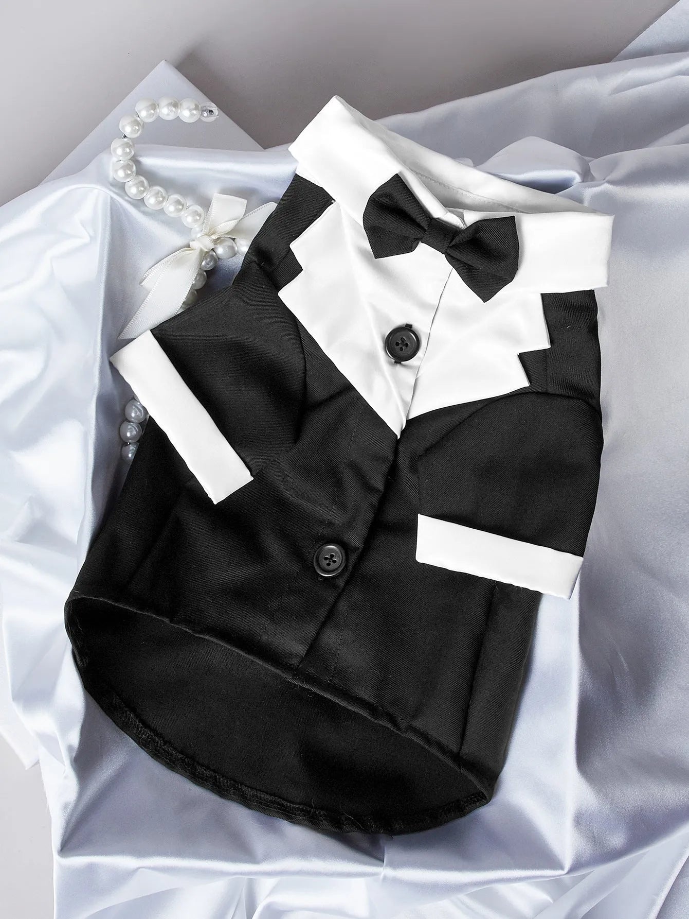Chinese-style four-legged dog wedding suit in polyester available in black, grey and dark blue