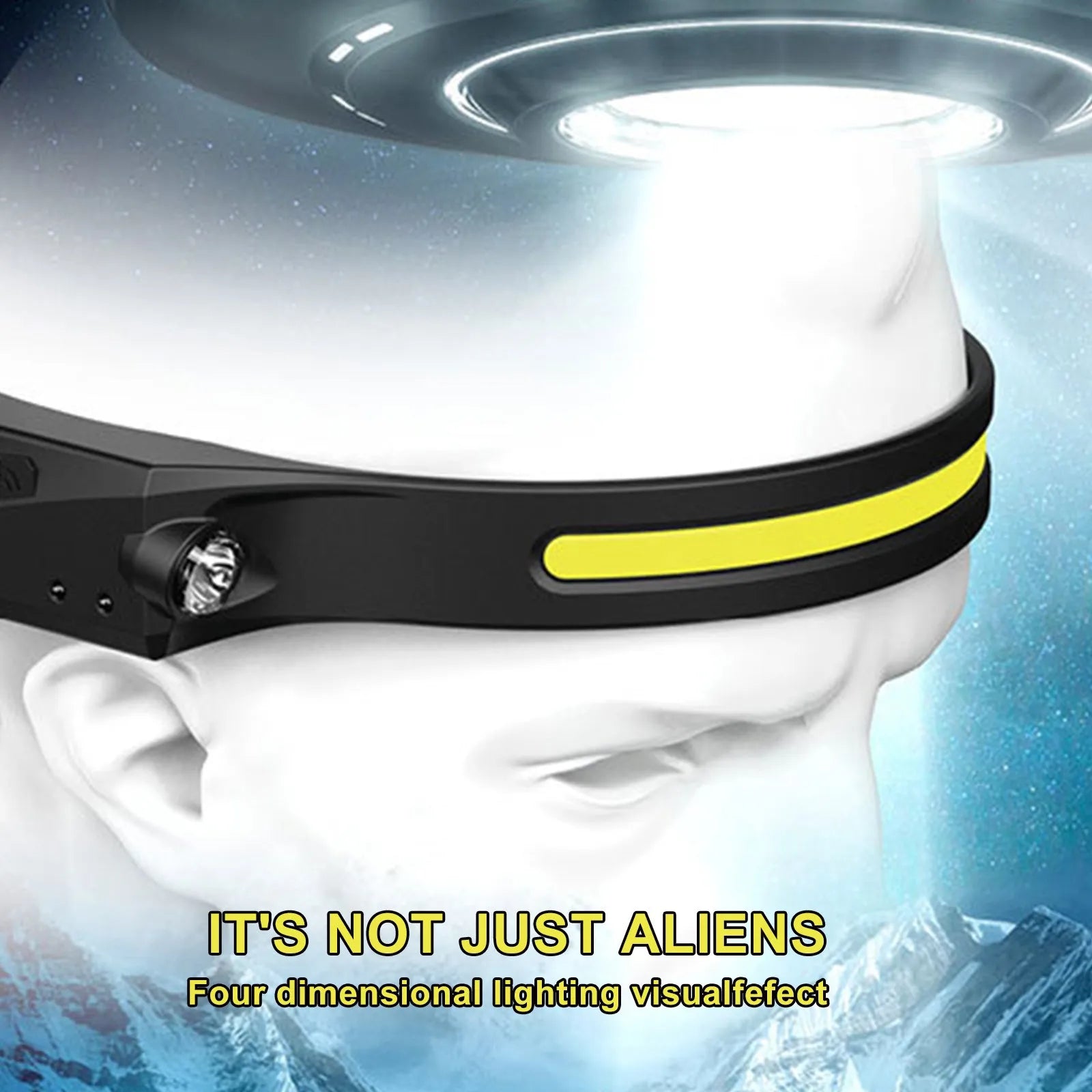 Black silicone USB rechargeable headlamp with side wave sensor and dual LED lights for wide and long-distance illumination.