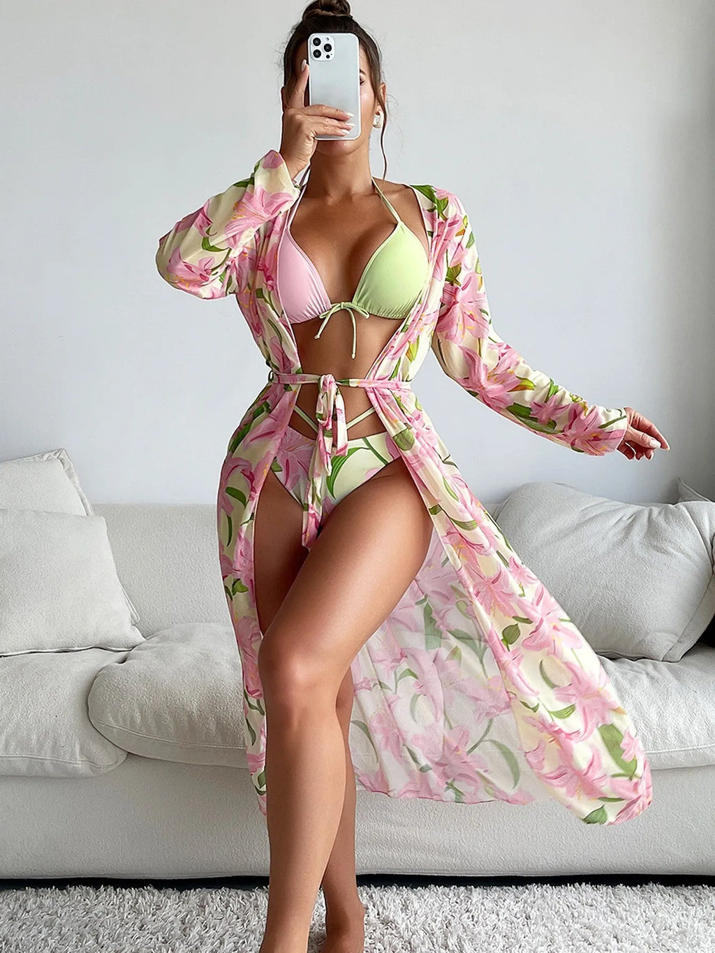 Women's quick-dry polyester bikini swimsuit in a European American print style, sizes S M L XL