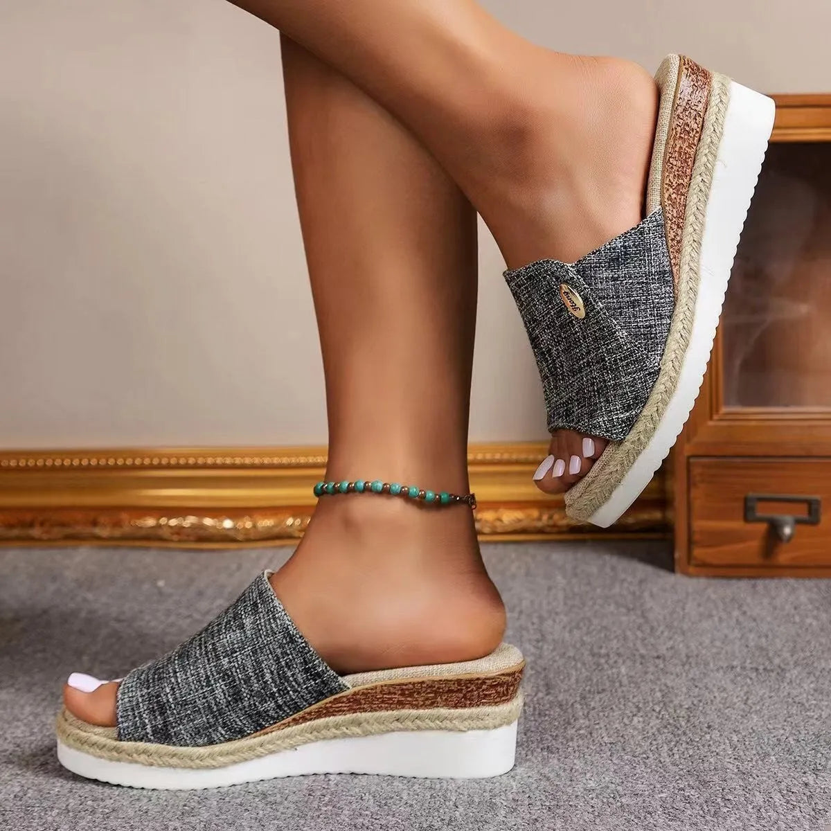 Beige canvas wedge sandals with fish mouth toe and thick hemp sole