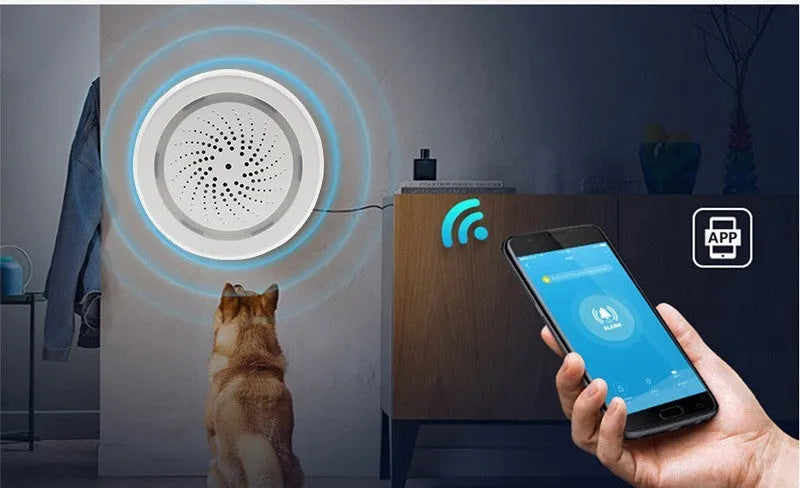Wireless smart sound and light alarm with WiFi for home security, featuring anti-dismantling design and APP control