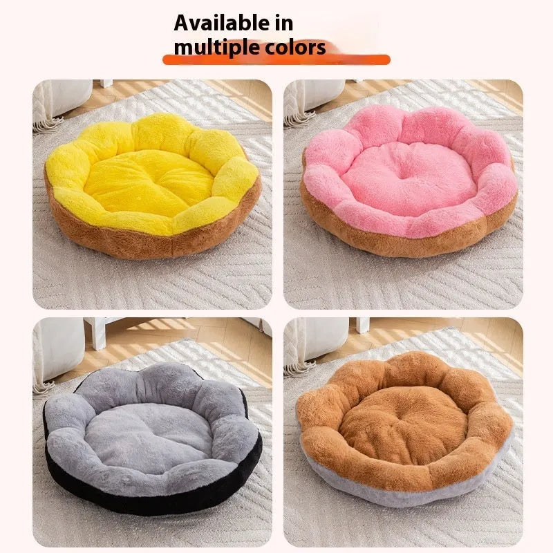 A round, thick rabbit plush cat bed in a nest shape with a detachable washable cover.