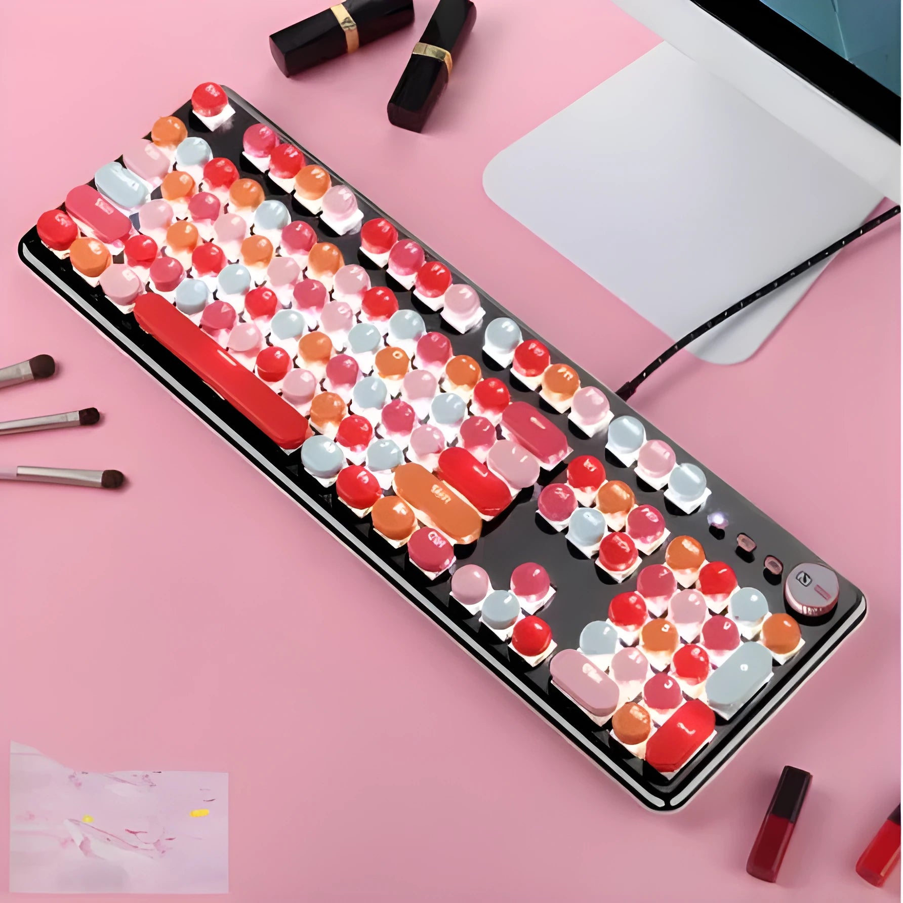 Macaron wired mechanical keyboard and green axis mouse set in rose red with white light cyan shaft