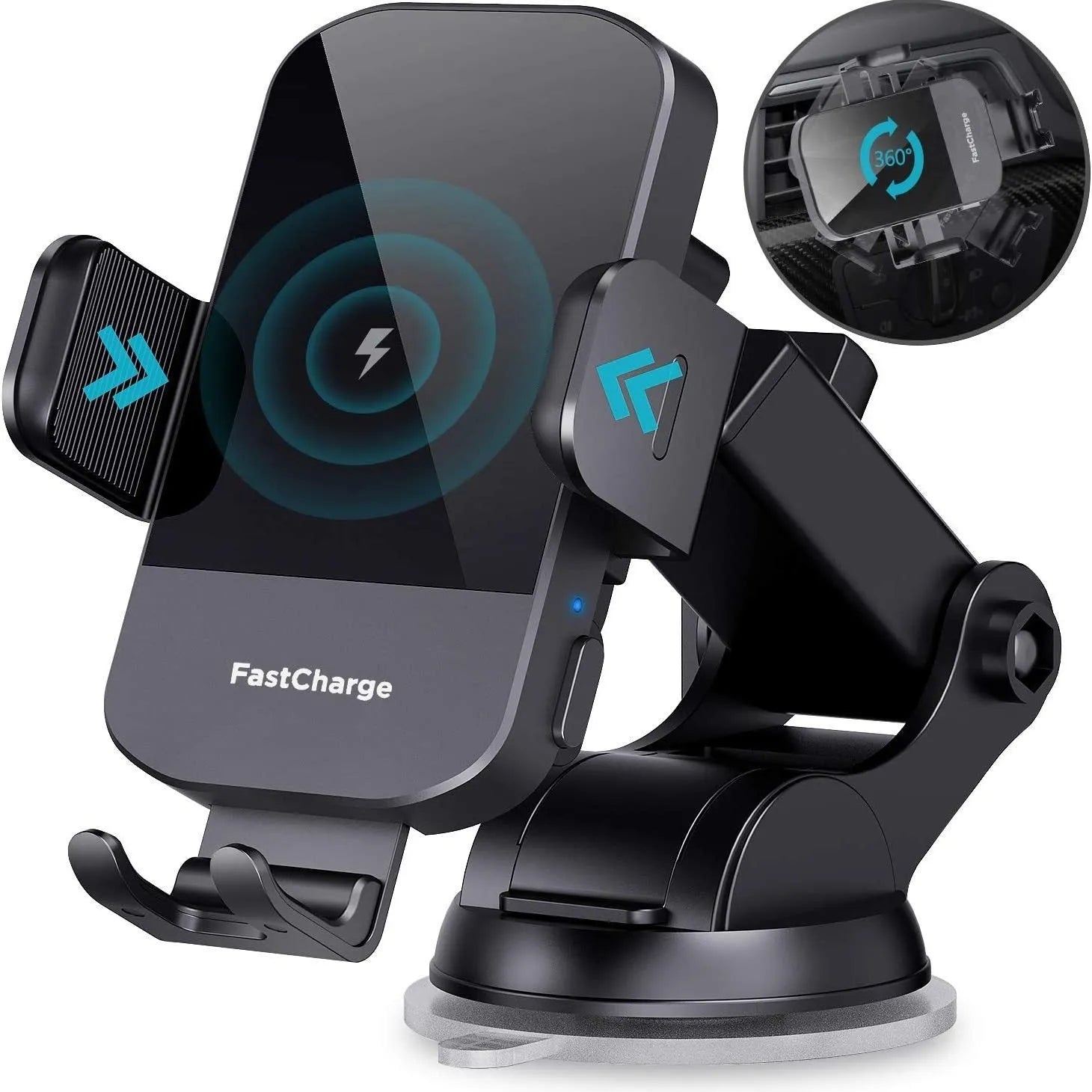 Black bare metal car wireless charging stand with 15W fast charging, shown with dashboard tripod and air vent clip mounting styles.