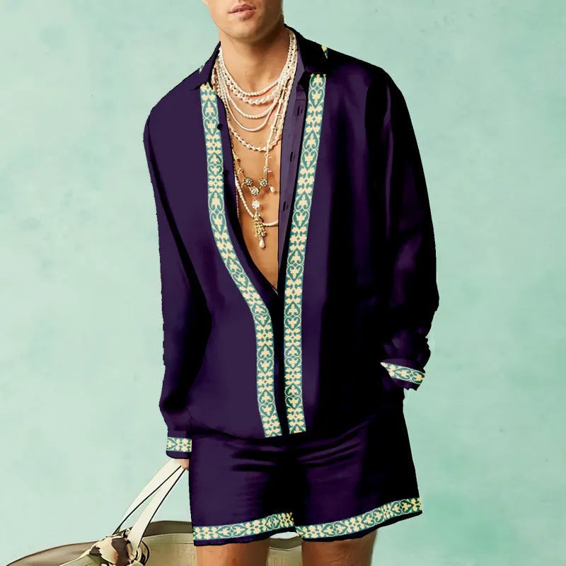 Casual slim-fit long sleeve shirt and matching shorts set for summer, available in various colours.