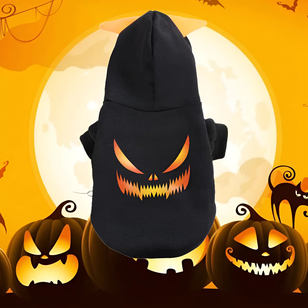 Halloween pumpkin sweater dog clothing in flannel, available in black and yellow for small medium large dogs
