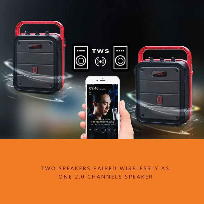 MS62AI portable Bluetooth speaker with wireless microphone on a table