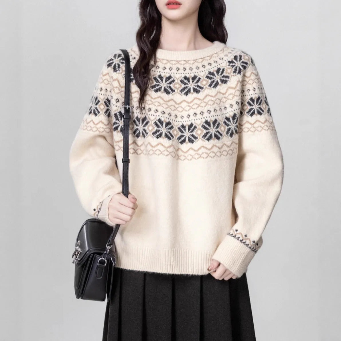 Women's Milky White Fair Isle patterned pullover sweater with a loose fit and crew neck.