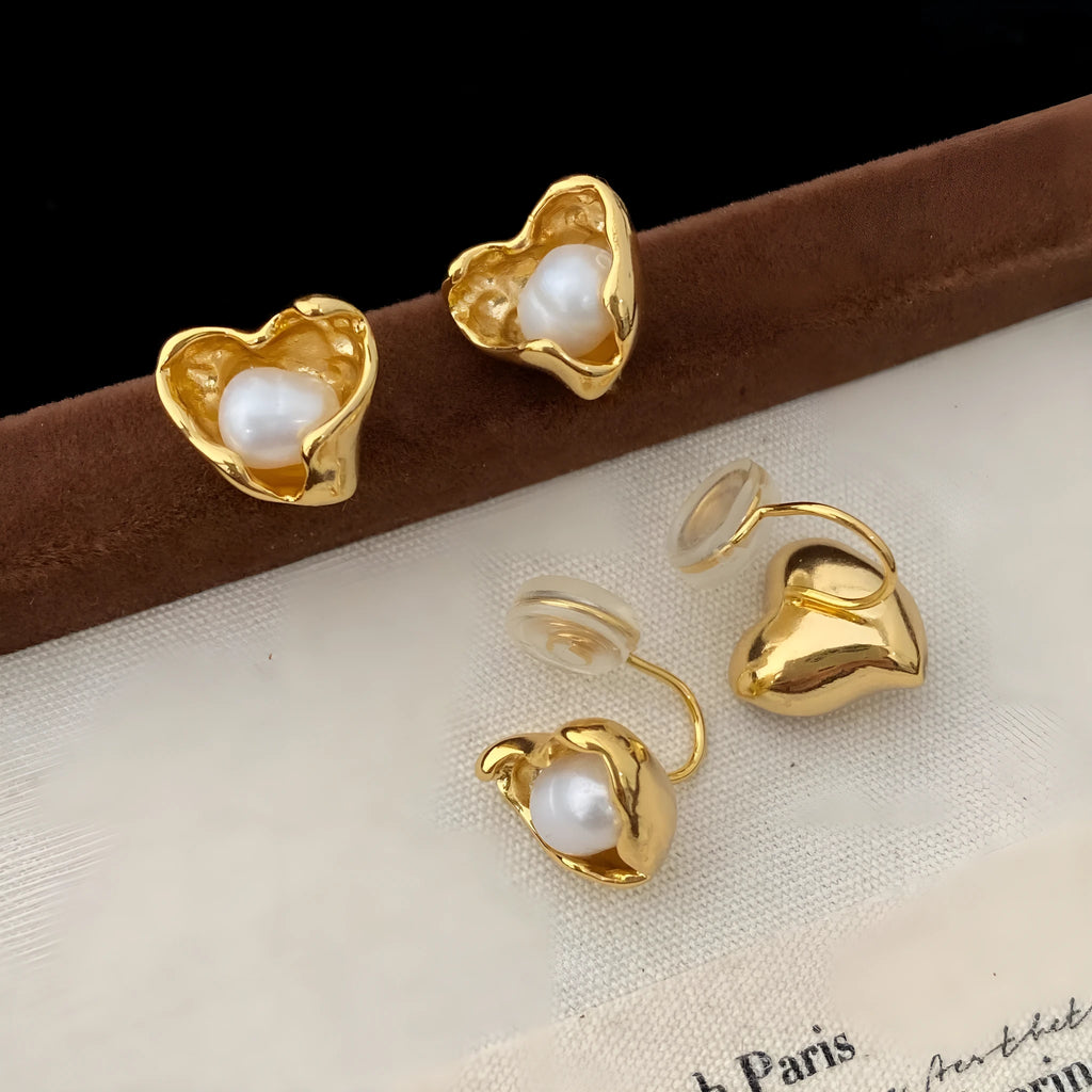 Copper heart-shaped irregular pearl earrings women choice ear clips ear studs electroplated finish