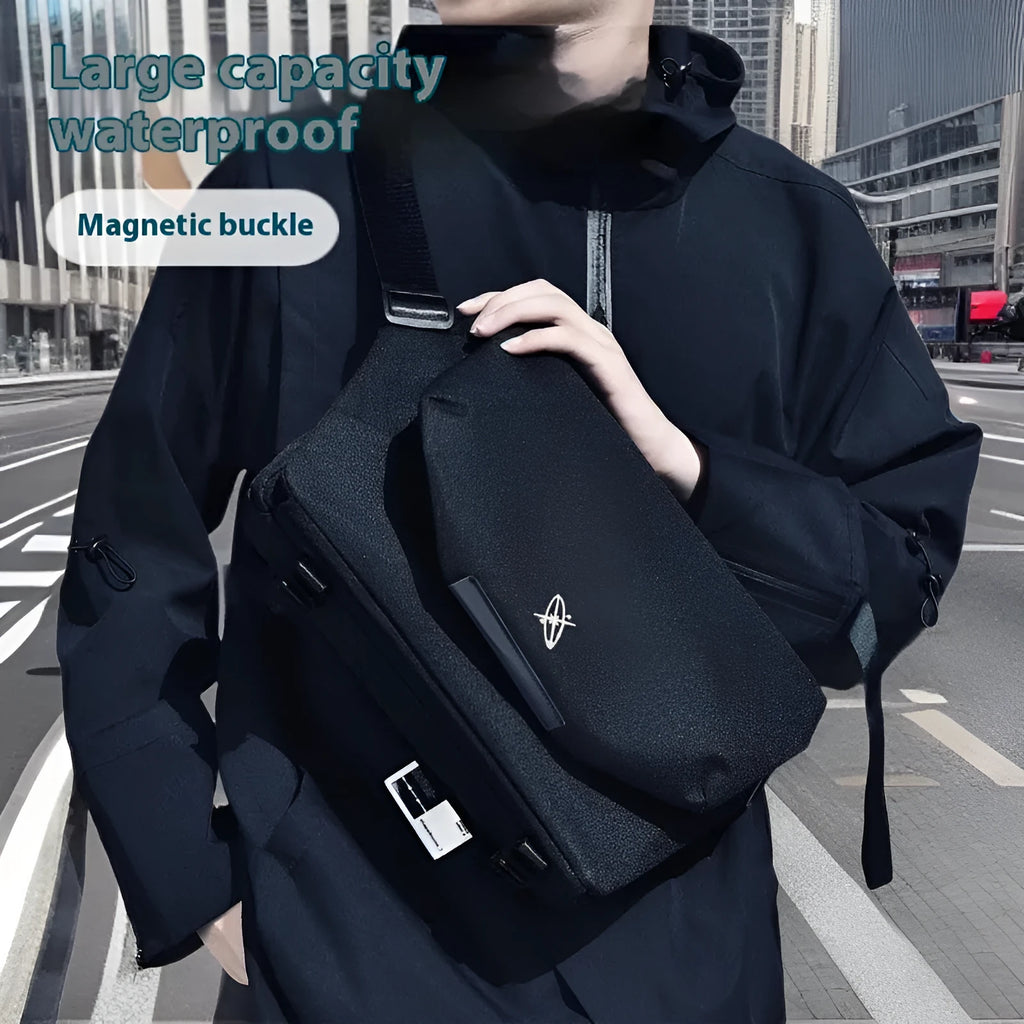 Men's PU crossbody shoulder bag with splicing design and nebula pattern, available in blue and black, blue and white, black, or white, 25x15cm to 35x25cm.