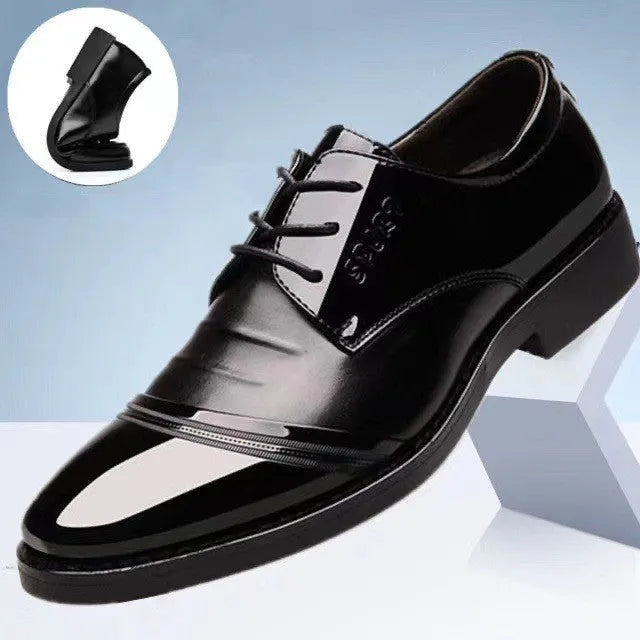 Men's casual pointed PU leather shoes in black with stitching details and rubber sole