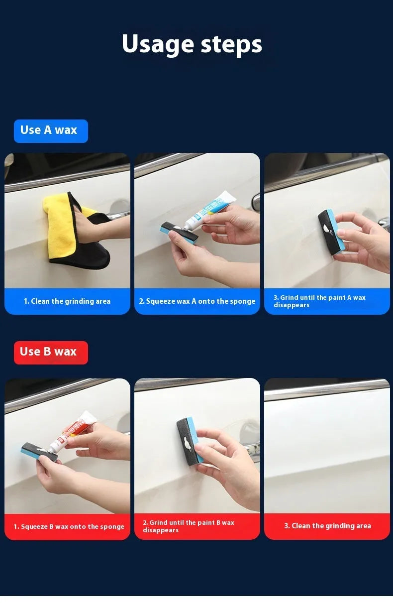 Car repair wax kit showing bottles of scratch removal wax A, polishing wax B, and a frosted sponge mop.