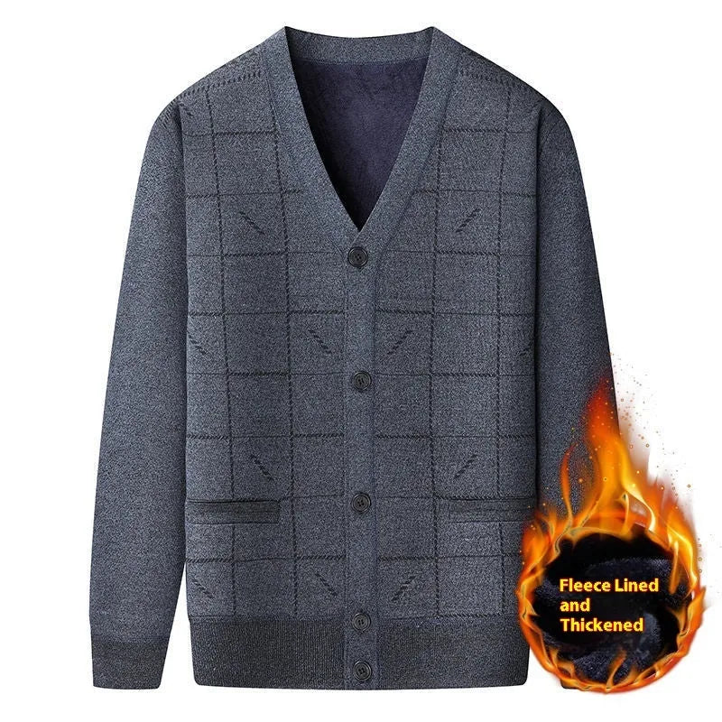 Dark grey men's batwing sleeve cardigan sweater with velvet lining, shown on a hanger.