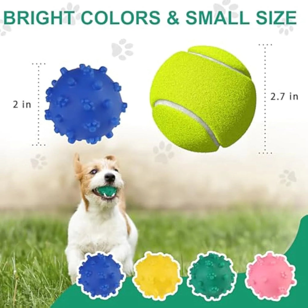 Bright blue spiky squeaky dog ball with paw-print dimples, 2 inches in diameter.