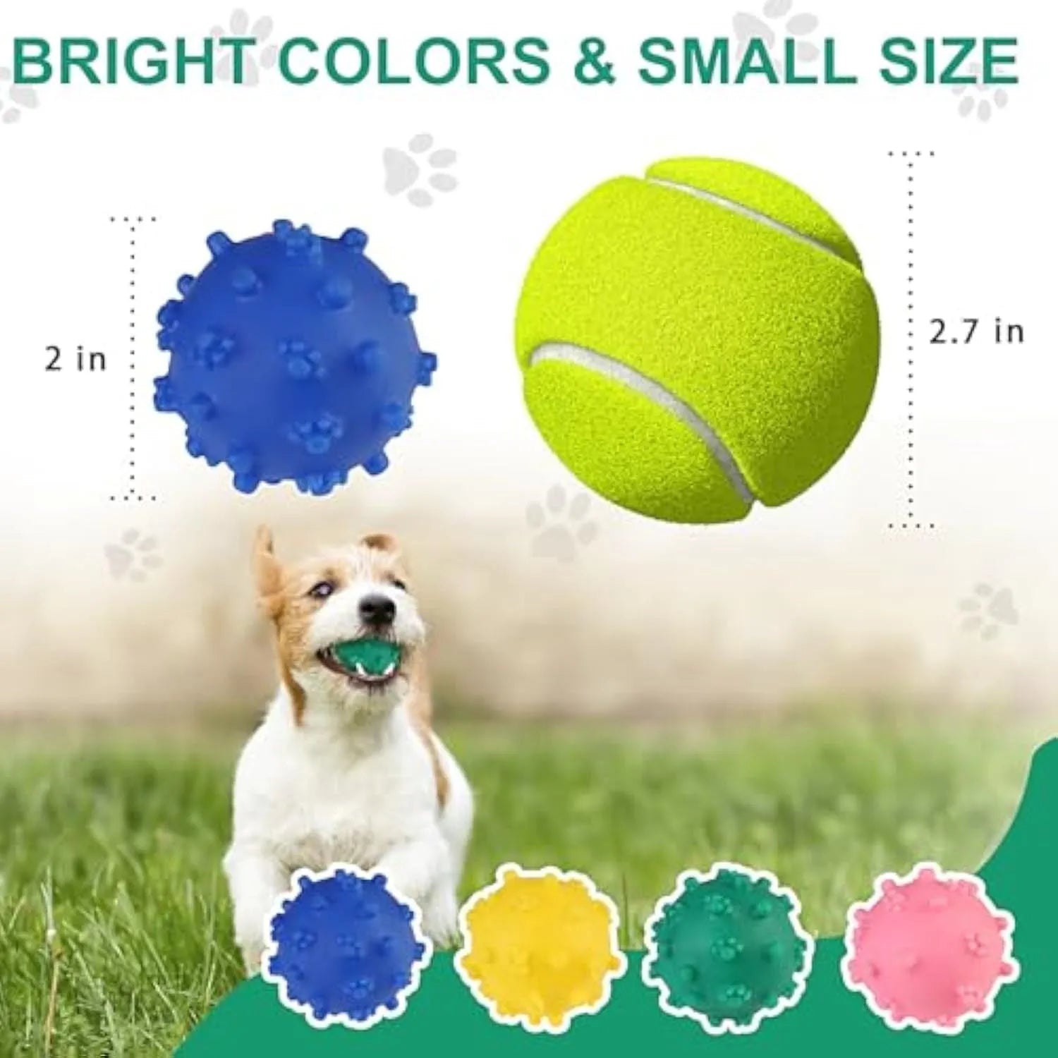 Bright blue spiky squeaky dog ball with paw-print dimples, 2 inches in diameter.