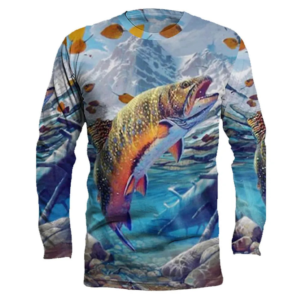 Men's grey long-sleeved pullover with a printed fish design on the chest, showing round neck and casual fit.