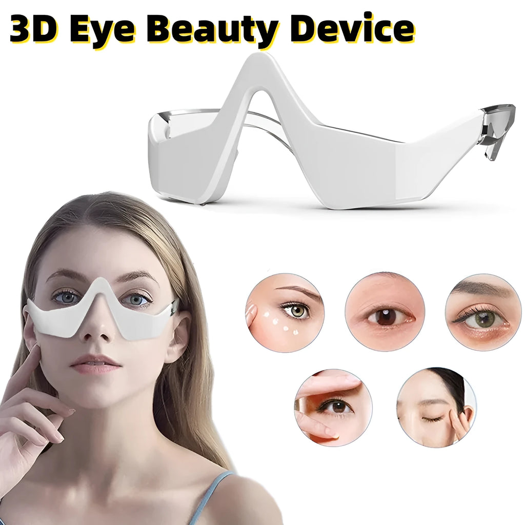 3D micro-current eye massager with glasses design on a pink background.