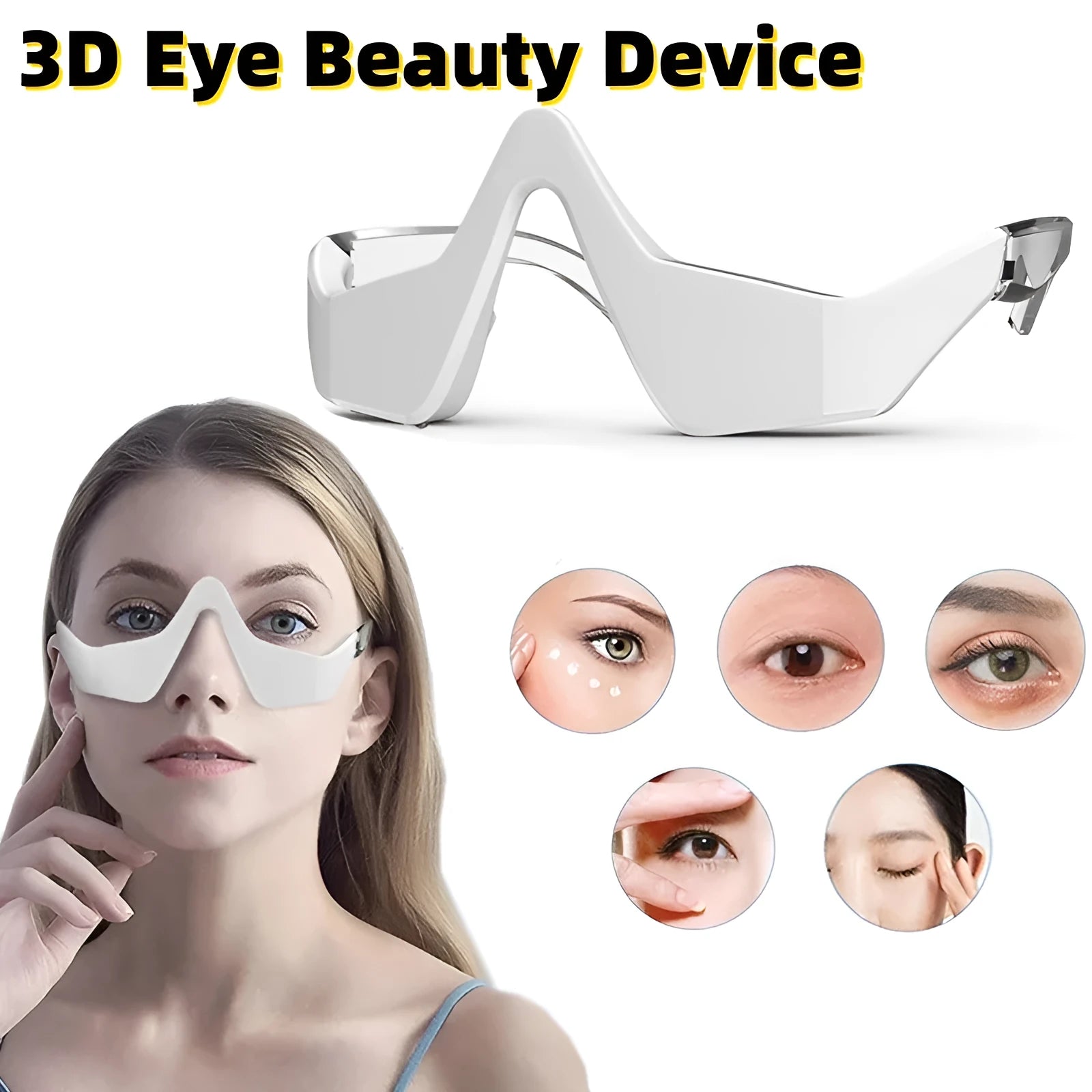 3D micro-current eye massager with glasses design on a pink background.