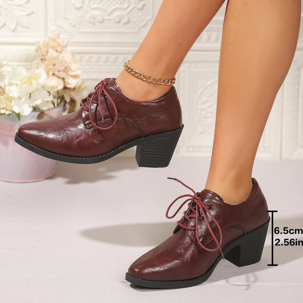 Women's pointed chunky heel front lace-up low-top shoes in beige, solid colour PU upper