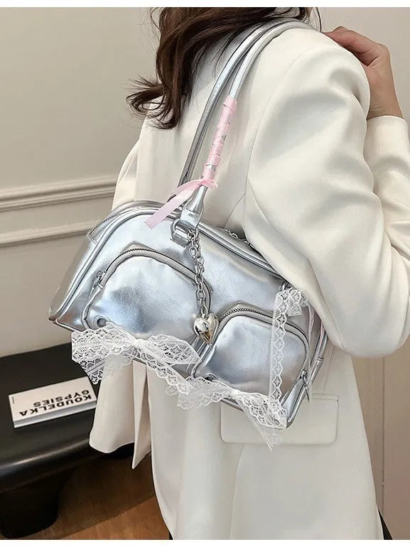 Soft PU casual shoulder bag with horizontal square shape and dual straps in beige colour
