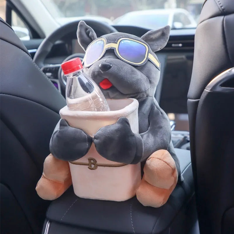 Plush fabric car tissue box for flip armrest showing Man Dog character design