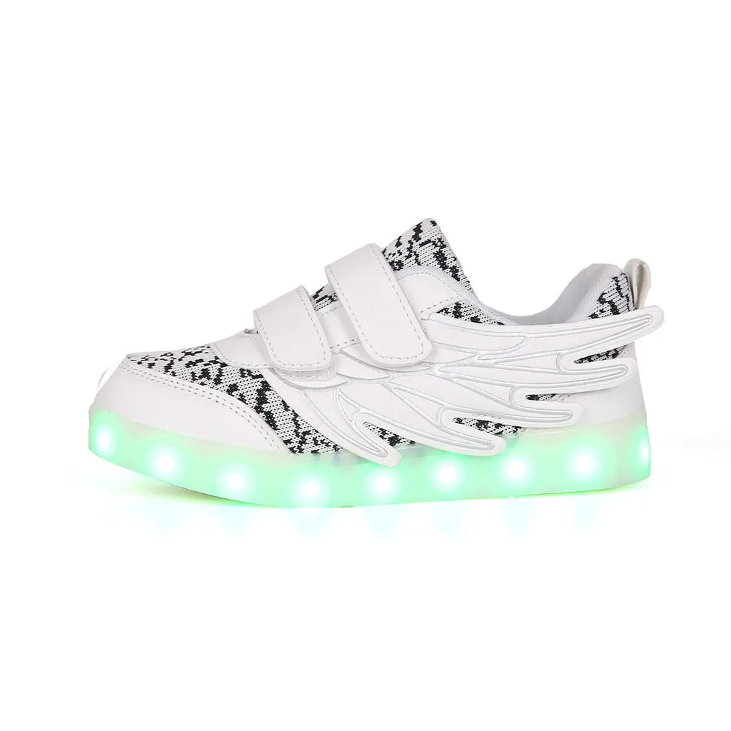 Children's plum red and white LED light-up sneakers with USB charging port.