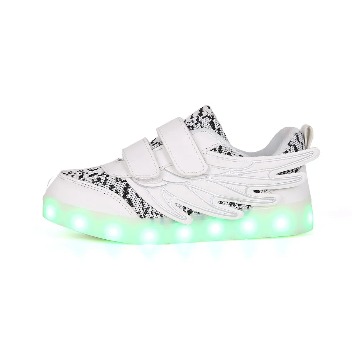 Children's plum red and white LED light-up sneakers with USB charging port.