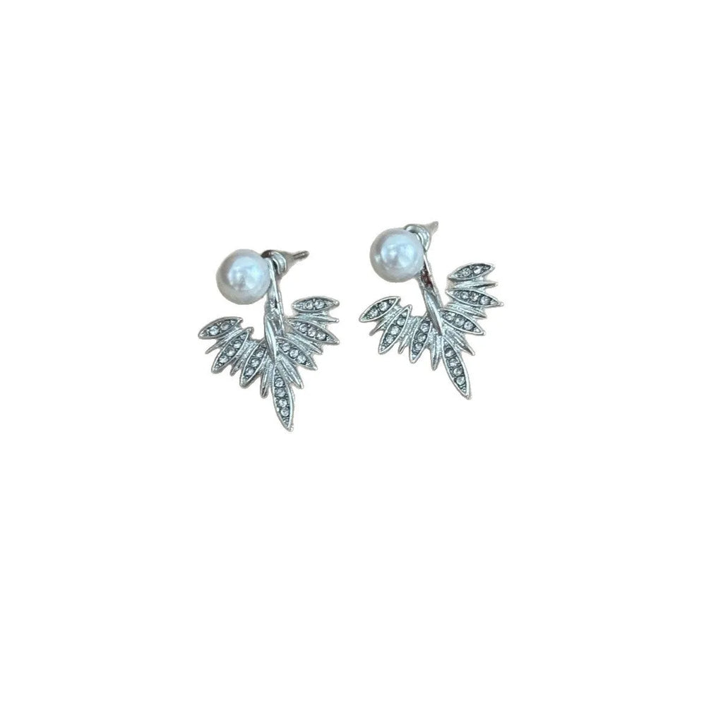 Silver ladies backward-hanging wing pearl earrings with diamond setting on alloy base