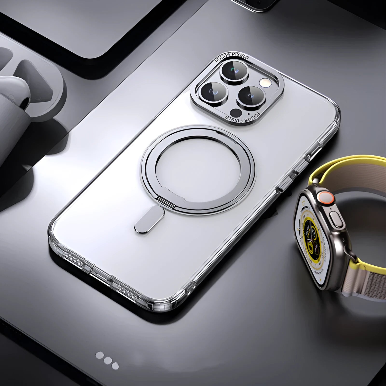 Transparent magnetic iPhone case with aluminium bracket shown on an iPhone 15.