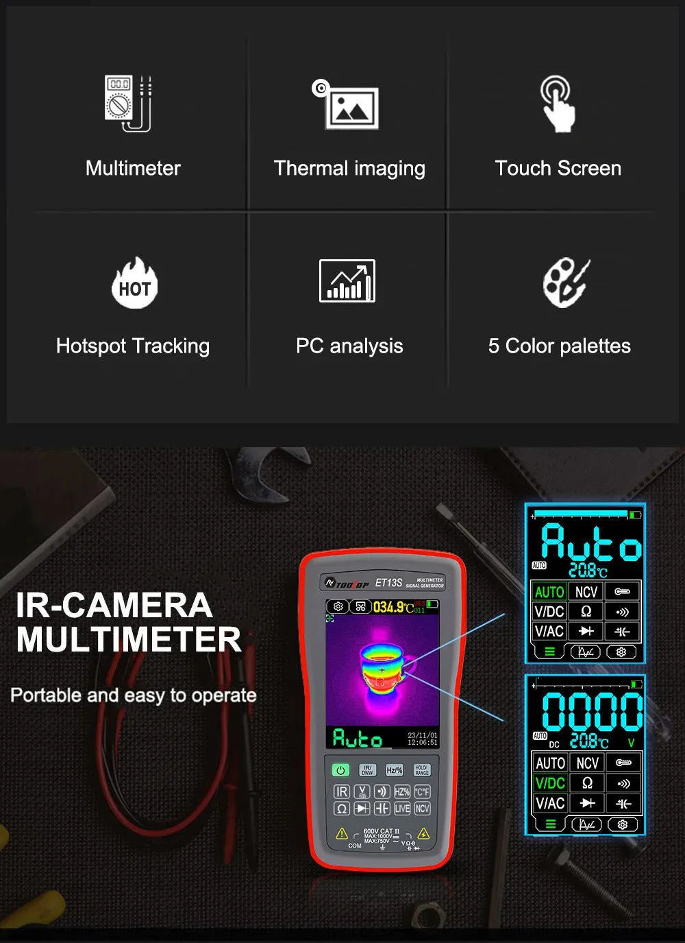 ET13S Pro handheld thermal imaging camera and infrared thermometer on a workbench.