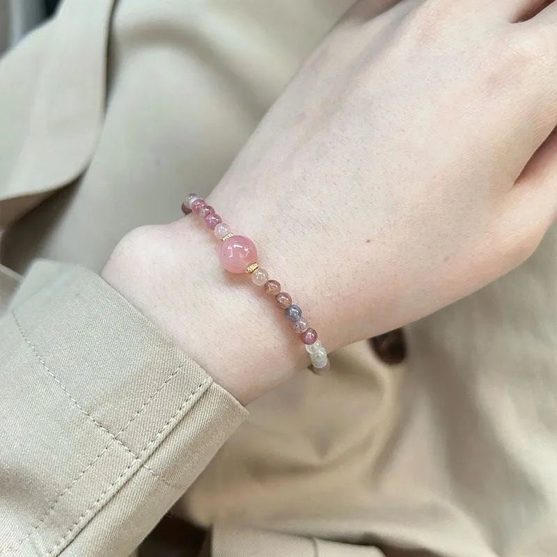 Women's pink crystal bracelet with electroplated alloy charms in geometric fresh style