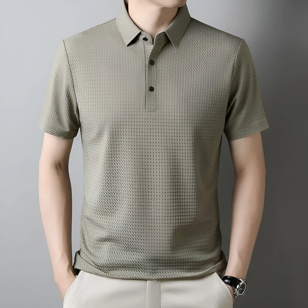 Summer men's short-sleeved casual polo shirt in khaki with collar, regular fit