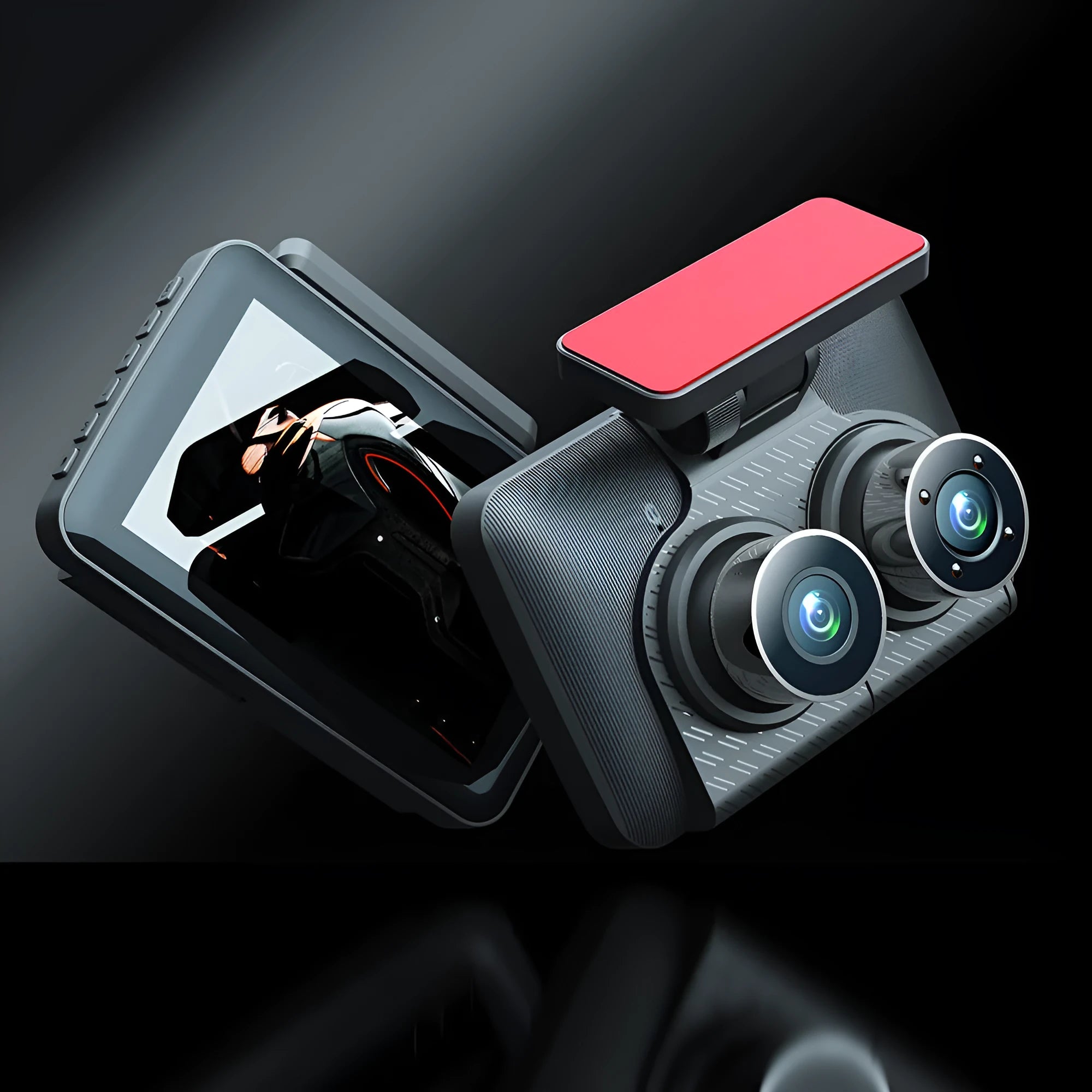 Black 4-inch touchscreen car dash camera mounted on a car windscreen.