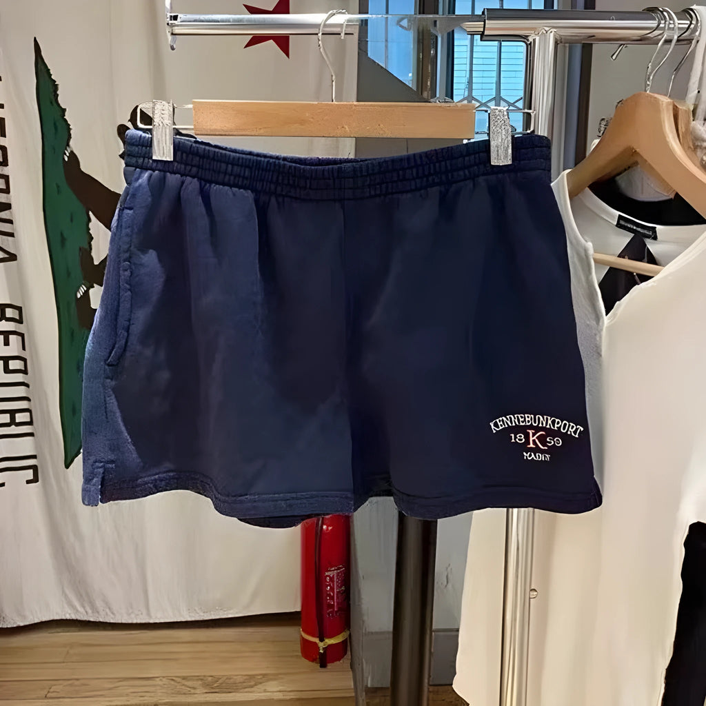 Navy blue women's cotton sports shorts with white flag embroidery and high-top waist