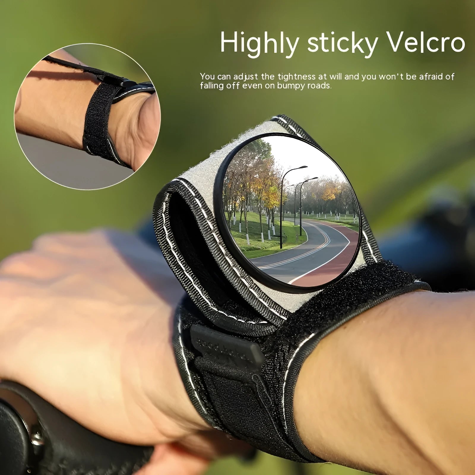 Black nylon cycling wrist rear-view mirror showing strap attachment and mirror positioning