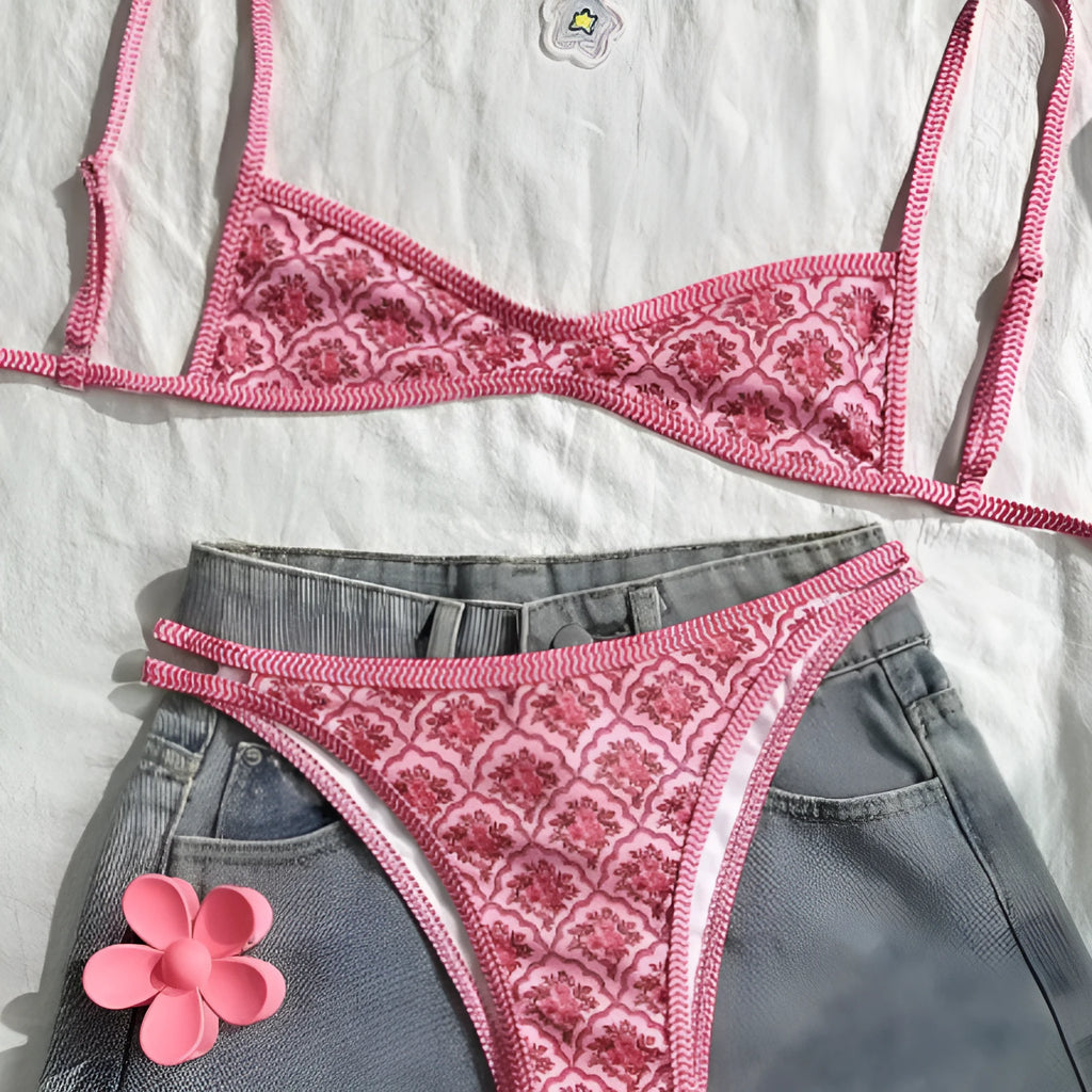 Pink printed two-piece bikini set with shoulder straps and exposed back cut-out for ladies